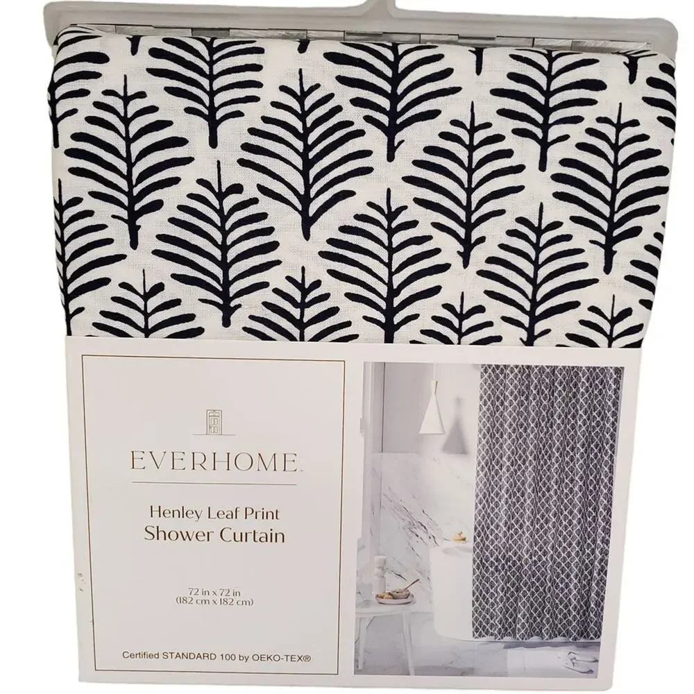 Linen Shower Curtain Everhome Henley Leaf Print Maritime Blue 72 x 72 Shower